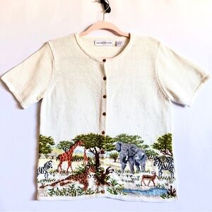 Vintage Marisa Christina Safari Knit Cardigan Top Embroidered Animals 90s Size S